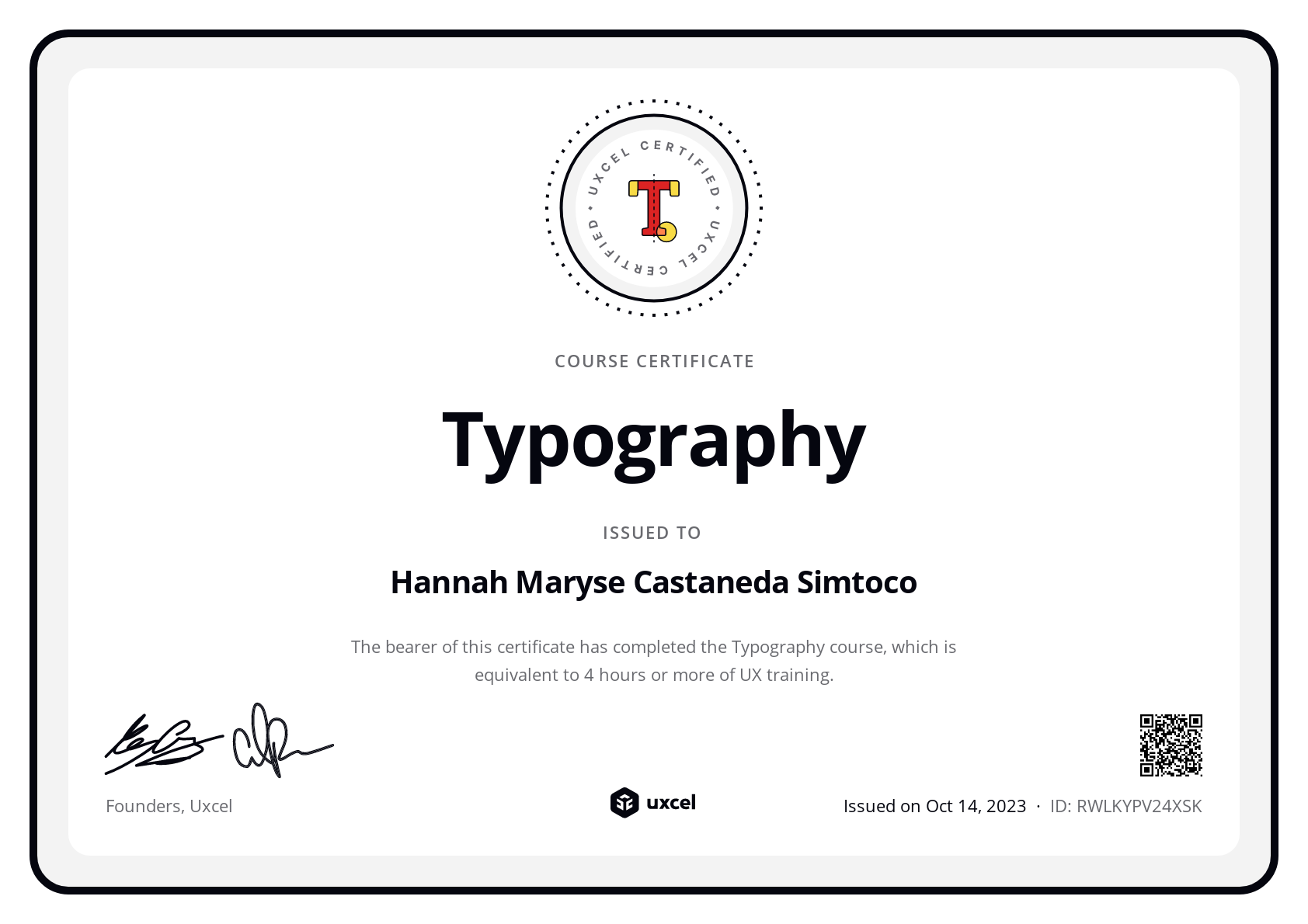 Hannah Maryse Castaneda Simtoco's certificate